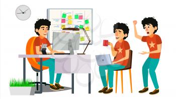 Junior Developer Character Vector. Young Coder In Modern Office Workplace. Developer. Programmer. Software. Environment Process. Cartoon Business Illustration