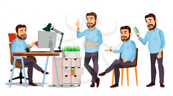 Boss Working Character Vector. Working Male. Modern Office Workplace. Animation Work. Cartoon Business Illustration