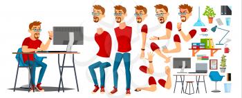 Business Man Worker Character Vector. Working Male. Casual Clothes. Start Up, Office, Creative Studio. Animation Set. Bearded Salesman, Designer. Emotions Expressions Cartoon Illustration
