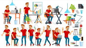Business Man Character Vector. Working Boy, Man. Environment Process In Start Up Office, Studio. Male Programmer, Designer. Isolated On White Cartoon Business Character Illustration