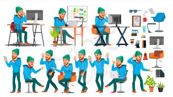 Business Man Character Vector. Working Boy, Man. Environment Process In Start Up Office, Studio. Male Developer Programmer. Isolated Cartoon Business Character Illustration