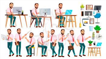 Office Worker Vector. Face Emotions, Various Gestures. Creation Set. Businessman Human. Modern Cabinet Employee, Workman, Laborer. Isolated Flat Cartoon Character Illustration