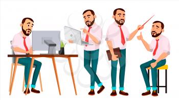 Office Worker Vector. Face Emotions, Various Gestures. Creation Set. Adult Entrepreneur Business Man. Happy Clerk, Servant, Employee. Isolated Flat Illustration