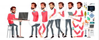 Office Worker Vector. Face Emotions, Various Gestures. Animation Creation Set. Businessman Worker. Happy Job. Partner, Clerk, Servant, Employee Flat Cartoon Illustration