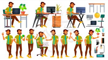 Office Worker Vector. Indian Businessman Worker. Animated Elements. Poses. Front, Side View. Happy Job. Partner, Clerk Servant Employee Isolated Flat Cartoon Illustration