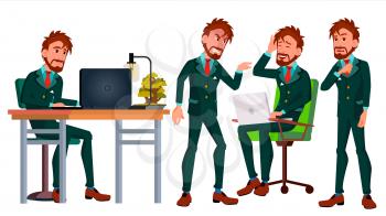 Office Worker Vector. Businessman Worker. Poses. Animated Elements. Front, Side View. Happy Job. Partner, European Clerk Servant Employee Isolated Flat Cartoon Illustration