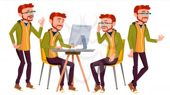 Office Worker Vector. Poses. Face Emotions, Various Gestures. Red Head, Ginger. Adult Entrepreneur Business Man. Isolated Flat Illustration