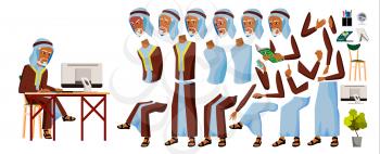 Arab Old Man Office Worker Vector. Arab, Muslim. Business Animation Set. Facial Emotions, Gestures. Businessman Person. Front, Side, Back View. Islamic Emirates Qatar Uae Illustration