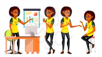 Business African Black Woman Character Vector. Female In Different Poses. Clerk In Office Clothes. Designer, Manager. Young American Woman. Workplace. Cartoon Illustration