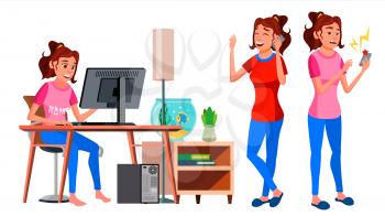 Freelancer Worker Vector. Woman Working At Home. Professional Officer, Clerk. Lady Face Emotions, Various Gestures. Isolated Flat Character Illustration
