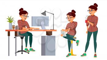 Business Woman Character Vector. Working Girl. Environment Process Creative Studio. Lifestyle Situations. Programming, Planning. Designer, Manager. Poses. Flat Cartoon Business Illustration