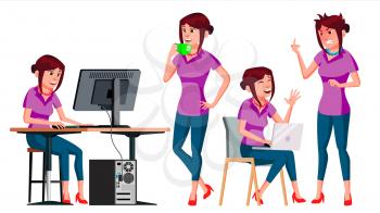 Office Worker Vector. Woman. Business Person. Face Emotions, Gestures Flat Cartoon Illustration