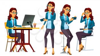 Office Worker Vector. Woman. Professional Officer, Clerk. Secretary, Accountant. Front, Side View. In Action. Businessman Female Lady Face Emotions Isolated Flat Character Illustration
