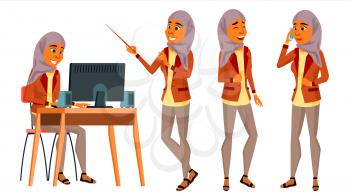 Arab Woman Office Worker Vector. Woman. Hijab. Saudi, Emirates, Qatar, Uae. Smiling Servant, Officer. Business Person. Scene Generator Face Emotions Various Gestures Flat Cartoon Illustration