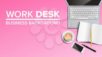 Business Workplace Desktop Background Vector. Digital Finance Elements. Laptop, Keyboard, Coffee Cup, Smartphone, Notebook Illustration