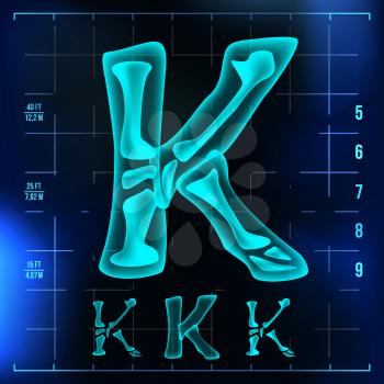 K Letter Vector. Capital Digit. Roentgen X-ray Font Light Sign. Medical Radiology Neon Scan Effect. Alphabet. 3D Blue Light Digit With Bone. Medical, Futuristic, Horror Style. Illustration