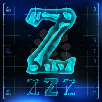 Z Letter Vector. Capital Digit. Roentgen X-ray Font Light Sign. Medical Radiology Neon Scan Effect. Alphabet. 3D Blue Light Digit With Bone. Medical, Pirate, Futuristic Style. Illustration