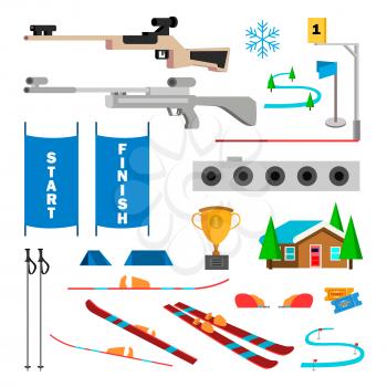 Biathlon Icons Set Vector. Biathlon Accessories. Target, Gun, Target, Start Finish Isolated Illustration