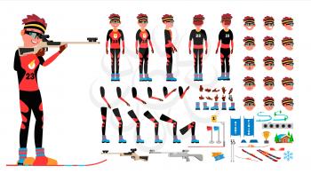Biathlon Player Male Vector. Animated Character Creation Set. Man Full Length, Front, Side, Back View, Accessories, Poses, Face Emotions, Gestures Isolated Illustration