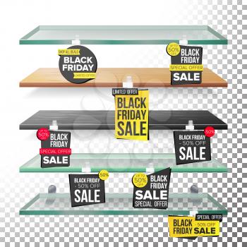Empty Supermarket Shelves, Black Friday Sale Wobblers Vector. Price Tag Labels. Black Friday Selling Card. Discount Sticker. Sale Banners. Isolated Illustration