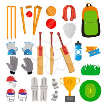 Cricket Icons Set Vector. Cricketer Accessories. Bat, Gloves, Helmet, Ball, Cup Playing Field Isolated Cartoon Illustration