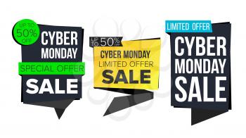 Cyber Monday Sale Banner Set Vector. Discount Tag, Special Monday Offer Banners. November Good Deal Promotion. Discount And Promotion. Half Price Cyber Stickers. Isolated Illustration