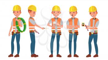 Electrician Vector. Different Poses. Working Process. Flat Cartoon Illustration