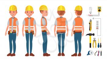 Professional Electrician Vector. Different Poses. Performing Electrical Work. Isolated On White Cartoon Character Illustration