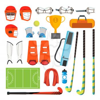 Field Hockey Icons Set Vector. Field Hockey Accessories. Ball, Helmet, Protection, Stick, Cup Isolated Cartoon Illustration