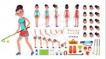 Field Hockey Player Female Vector. Animated Character Creation Set. Full Length, Front, Side, Back View, Accessories, Poses, Face Emotions, Gestures. Isolated Cartoon Illustration