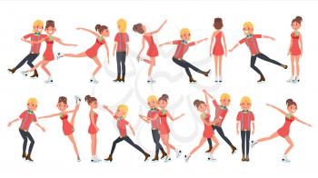 Pair Figure Skating Couple Boy And Girl Vector. Skate Male And Female. Isolated On White Cartoon Character Illustration