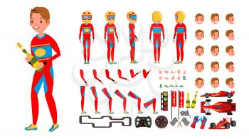 Sport Car Racer Male Vector. Red Uniform. Rally Race Car Driver. Animated Character Creation Set. Man Full Length, Front, Side, Back View. Auto Drawing Accessories, Emotions. Illustration