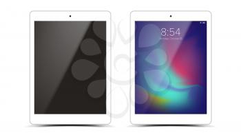 Tablet Mockup Design Vector. White Modern Trendy Touch Screen Tablet Front View. Isolated On White Background. Realistic 3D