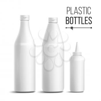 White Bottle Set Vector. 3D Realistic Blank. Plastic White Clean Tomato, Sauce, Mayonnaise Bottles. Mock Up Good For Branding Design. Isolated On White Background
