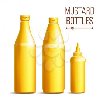 Mustard Bottle Set Vector. 3D Realistic Blank. Plastic Yellow Mustard, Sauce Bottles. Mock Up Good For Branding Design. Isolated On White Background