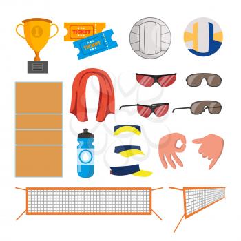 Beach Volleyball Icons Set Vector. Volleyball Accessories. Cup, Tickets, Ball, Glasses, Towel, Field, Water Gestures Cap Sand Summer Isolated Cartoon Illustration