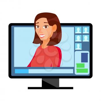 Video Meeting Online Vector. Man And Chat. Ceo And Employees. Business Meeting, Consultation, Conference Office, Seminar, Online Training Concept. Flat Cartoon Isolated