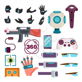 Virtual Reality Icons Set Vector. Virtual Reality VR Accessories. Weapon, Gloves, Console, Controller, Glasses, Sight, Hand Isolated Flat Illustration