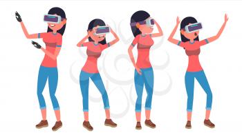 Woman In Virtual Reality Glasses Vector. Poses. Modern Console. Futuristic Technology. Flat Illustration