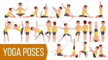 Yoga Male Vector. In Action. Meditation Positions. Flexible Girl. Cartoon Character Illustration