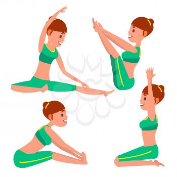 Yoga Woman Poses Set Vector. Girl. Yoga Exercise. Doing Fitness, Sport. Flat Cartoon Illustration