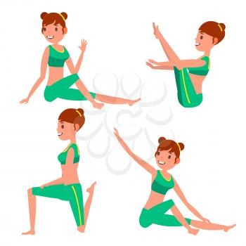 Yoga Female Vector. Stretching And Twisting. Practicing. Playing In Different Poses. Woman. Isolated On White Cartoon Character Illustration