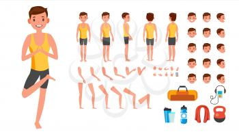 Yoga Man Vector. Prenatal Yoga Animated Character Creation Set. Man Full Length, Front, Side, Back View, Accessories, Poses, Face Emotions, Gestures. Isolated Illustration