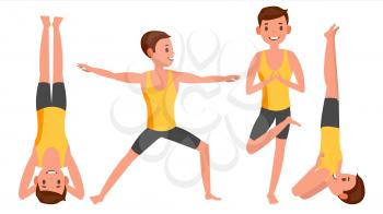 Yoga Man Poses Set Vector. Relaxation And Meditation. Stretching And Twisting. Practicing. Body In Different Poses. Cartoon Character Illustration