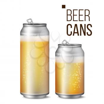 Beer Cans Vector. 500 and 330 ml Can Blank. Beer Background Texture With Foam And Bubbles. Isolated Illustration