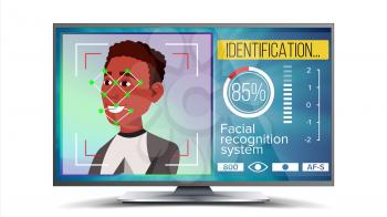 Face Recognition, Identification System Vector. Face Recognition Technology. Afro American Face On Screen. Human Face With Polygons And Points. Scanning Illustration