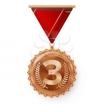 Bronze Medal Vector. Best First Placement. Winner, Champion, Number One. 3rd Place Achievement. Metallic Winner Award. Red Ribbon. Isolated On White Background. Realistic Illustration.
