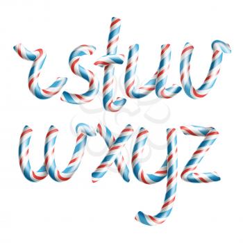 Letters R, S, T, U, V, W, X, Y, Z. Vector. 3D Realistic Candy Cane Alphabet Symbol In Christmas Colour New Year Letter Textured With Red, Blue. Typography Craft Isolated Object. Xmas Art