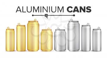 Blank Metallic Cans Set Vector. Empty Layout For Your Design. Energy Drink, Juice, Water Etc. Isolated