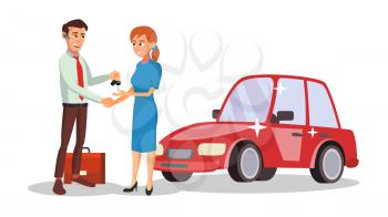 Professional Car Dealer Vector. Happy Professional Automobile Salesman. Choosing And Selling A Car. Isolated On White Cartoon Character Illustration